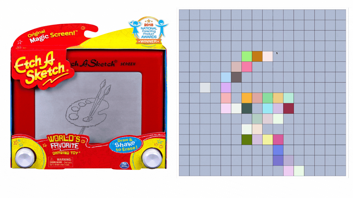 An original Etch A Sketch beside Hamza's first grid recreation